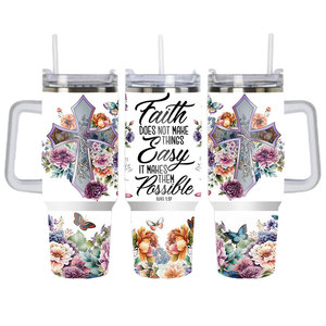 Gobelet isotherme en acier inoxydable de 40 oz avec impression de versets bibliques sur le thème de la foi en Jésus-Christ, avec paille, pour café, voyage, camping et voiture - Product Image 1