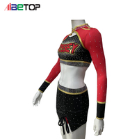 Jupe de cheerleading OEM AB Crystal prête pour le championnat, rouge et noir, avec découpe, logo personnalisé, strass, entraînement, conquérir les cœurs des juges, gagner le trophée
