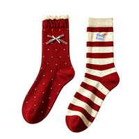 Chaussettes de Noël pour femmes, rayées rouge et blanc, avec nœud brodé, à pois, en coton, mi-mollet, cadeau de Noël