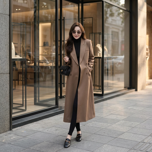 HAGOO Long <b>Women</b> Solid Blazer <b>Coat</b> Woolen Woven <b>Double</b> <b>Breasted</b> Turn-Down Collar Full Sleeve Winter Outerwear [B535] - Product Image 1