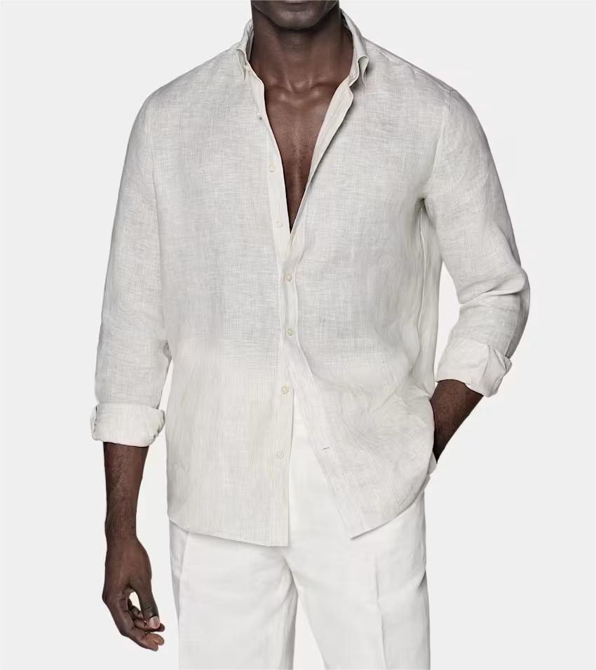 Lino europeo de alta calidad blanco 100% Lino de talla grande camisa casual para hombre camisa de manga larga de tela de lino de algodón Formal para hombre