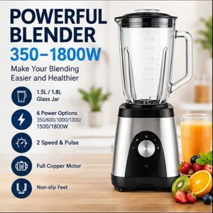 Nueva Licuadora de Mesa Eléctrica Automática de 350-1800W y 5 Velocidades, Vaso de Vidrio de 1.5L, Carcasa de Acero Inoxidable, para Preparar Smoothies - Product Image 1
