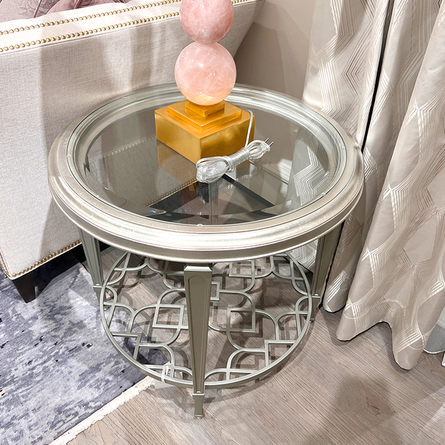 Modern Wood Round Console Table with Foil Lamination & Tempered Glass for Home Living Room Home Office Hotels