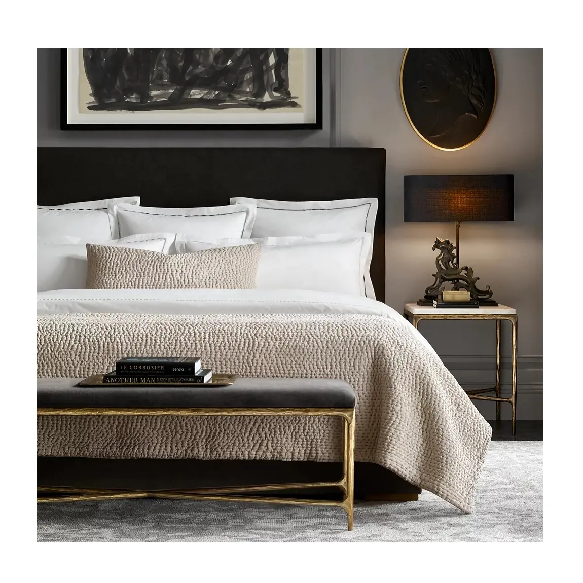 Modern luxury hand-forged metal base upholstery thaddeus brass end of bed fabric bench for home bedroom furniture