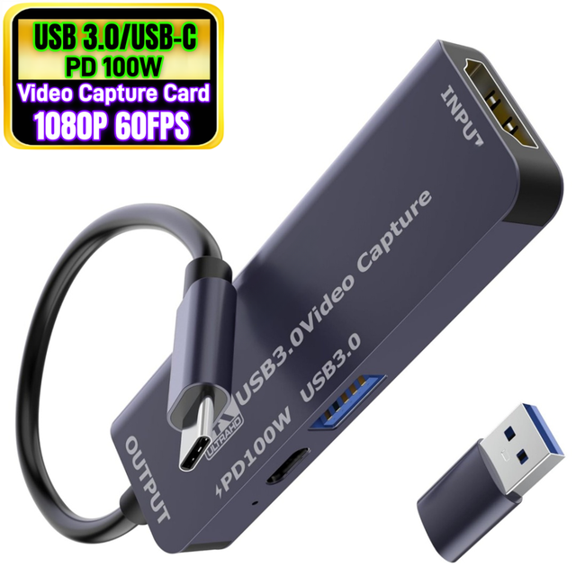 Type-C USB 3.0 Video Capture Card with PD 100W USB3.0 Expander Port Recording 1080P 60FPS for Quest 3, Switch, PS5 4, Camera,