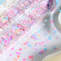 Paillettes pour ongles avec logo gratuit, 12 compartiments, motifs étoiles d'amour, paillettes mélangées, éclats brillants et scintillants effet écailles de poisson