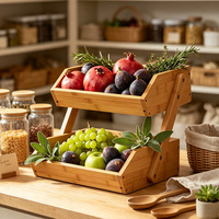 Panier de rangement en bambou à 2 niveaux, étagère de présentation de fruits et légumes en bois à double couche, plateau organisateur de légumes et de collations pour la cuisine domestique
