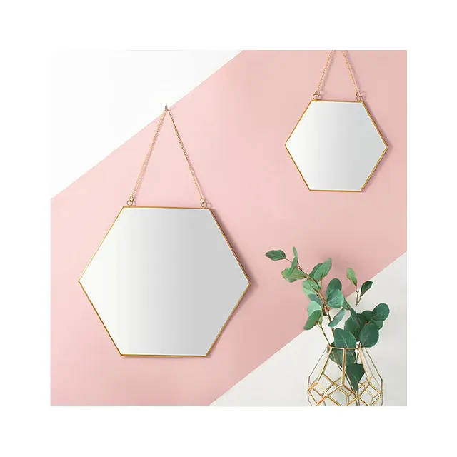 Nordic Minimalist Geometric Shape Golden Brass Hexagonal Mirror Bathroom Console Mirror Makeup Mirror