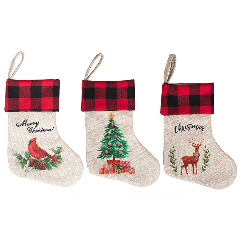 Wholesale red plaid sublimation blank linen christmas stocking blank custom sublimation pattern christmas gift socks