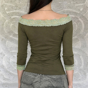 เสื้อผู้หญิงลายดอกไม้ ผ้าฝ้าย/ผ้าไผ่ แต่งลูกไม้ แขนสามส่วน ทรงบาร์โดต์ ลายพฤกษศาสตร์ สไตล์วินเทจย้อนยุค - Product Image 5