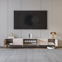 Meuble TV GECKO D037-180 de luxe italien moderne avec plateau en pierre frittée, console multimédia en bois massif, éclairage LED et porte en verre cintrée pour salon