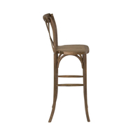 Tabouret de bar commercial robuste en bois massif marron moderne avec dossier croisé et dossier haut, idéal pour la maison, les mariages, les événements, les restaurants en extérieur
