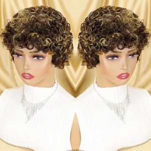 Perruques courtes <span class=keywords><strong>afro</strong></span> bouclées brunes avec frange, 100% <span class=keywords><strong>cheveux</strong></span> humains, pour femmes, <span class=keywords><strong>cheveux</strong></span> brésiliens Remy, perruque colorée coupe pixie - Product Image 1
