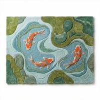 Karpet Area Kolam Ikan Biru Moss, Terbuat dari Wol dengan Motif Ikan Koi Oranye dan Tekstur Rajutan Tangan untuk Ruang Tamu, Kamar Tidur, Kamar Bayi, dan Anak-Anak