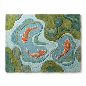 Moss Blue <b>Fish</b> <b>Pond</b> Area Carpet Crafted from Wool with Orange Koi and Textured Hand Tufting for Living Room Bedroom Nursery Kids - Product Image 2