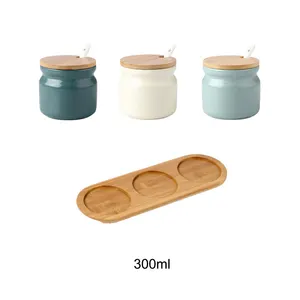 Pote de cerâmica de tempero com colher e bandeja, venda quente, três conjuntos de design de peças