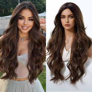 Peluca de Cabello Sintético Naranja de 28 Pulgadas, Fibra de Alta Temperatura, Ondas Sueltas y Ondas Corporales, Marrón Claro, Sin Pegamento, Gorra Ajustable - Product Image 6