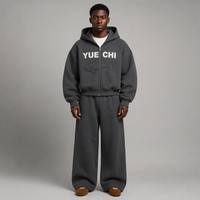 Ensemble de survêtement pour homme, personnalisé, avec sweat à capuche zippé en polaire uni à motif requin en relief, grande taille, et pantalon de survêtement noir en coton assorti