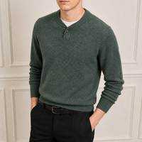 Pull en tricot à col Henley vert foncé pour homme, style preppy, à un bouton, manches longues, pour l'automne et l'hiver