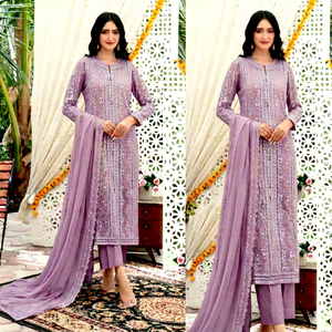 Traje de Rayón Bordado en Lavanda para Mujer con Dupatta, Estilo Tradicional Indio-Pakistaní, Largo hasta el Suelo - Product Image 2