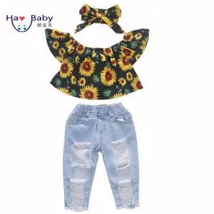 Hao Baby Meisjes Geweven Gedrukt Zonnebloem Verzwakte Denim Ripped Broek Hoofddoek Drie-delige Set