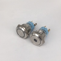 Simbol daya 12V LED biru 19mm tombol tekan menempel 1NO 1NC SPDT ON/Off cangkang hitam tahan air bulat logam