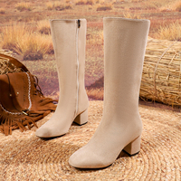 Bottes mi-mollet en daim noir pour femmes, bout carré, talon carré, fermeture éclair, bottes d'hiver, chaussures décontractées à la mode pour dames