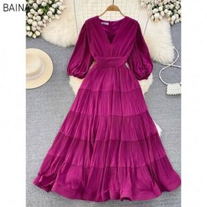 Nuevo Vestido Maxi American Chic para Mujer, Cuello en V, Manga Corta, Vestidos de Mujer, Corte en A, Cintura Alta, Vestidos Plisados Femeninos - Product Image 2