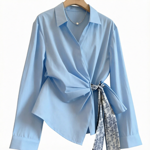 French Style Twist Women <b>Long</b> <b>Sleeve</b> Lapel Collar <b>Blouse</b> Asymmetric Hem for Autumn Office Wear - Product Image 1