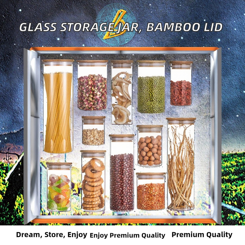 Transparent High Borosilicate Glass Eco-Friendly Storage Jar Bottle Bamboo Lid Silicone Ring for Kitchen Restaurant Desktop Use