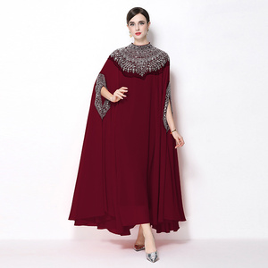 Vestido tipo capa maxi de chifón tejido lavable con cuello alto, cintura holgada, pedrería natural y cuentas, en 6 colores sólidos, ideal para verano. - Product Image 5