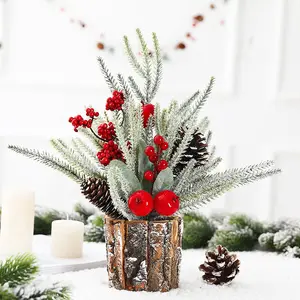 Small Christmas Tree Tabletop Artificial Mini Christmas Tree Decorations with Holiday Ornaments Red Berry Pine Cone Greenery