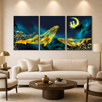 Art mural en verre cristal Baleine Dorée, trois panneaux, scène océanique pour salon, hôtel, salle de séjour, chambre d'enfant, intérieurs côtiers