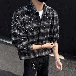 Sofort Lieferbares Streetwear Großhandel ODM Vintage Oversized Kariertes Schweres Rhinestone Langarmhemd für Herren - Product Image 4