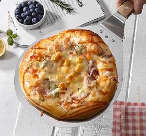 Deslizador <span class=keywords><strong>de</strong></span> pizza <span class=keywords><strong>de</strong></span> acero inoxidable <span class=keywords><strong>de</strong></span> 8 pulgadas con mango <span class=keywords><strong>de</strong></span> madera <span class=keywords><strong>de</strong></span> haya, utensilio <span class=keywords><strong>de</strong></span> cocina redondo para mover pasteles, herramientas para pizza - Product Image 1