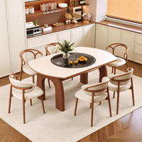 Table à manger pliante en bois massif de style français vintage, table à manger ronde extensible convertible avec plateau en travertin
