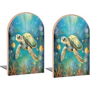 <b>Decorative</b> Wood Bookends for Room Desk Home Office Painting Turtle Ocean <b>Book</b> Stoppers for Magazines <b>Books</b> 1 Pair/2 Pieces - Product Image 2