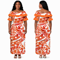 Pakaian Wanita Ukuran Besar Custom Plus Size Puletasi 2 Potong, Gaun Pulau Hawaii Polinesia Motif Bunga Hibiscus, Model Off Shoulder dengan Ruffle