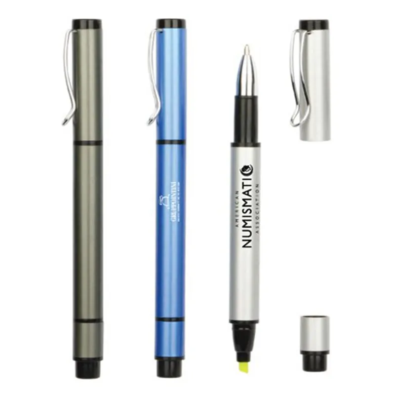 金属製ハイグレードデュアルヘッド蛍光ペン & ボールペン2in1アルミニウム素材両面ボールペン蛍光ペン