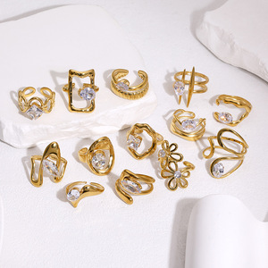 <b>Vintage</b> 18k <b>Gold</b> Plated Waterproof Jewelry Non Tarnish Stainless Steel Fashion Irregular Adjustable Zircon <b>Rings</b> for Women - Product Image 3