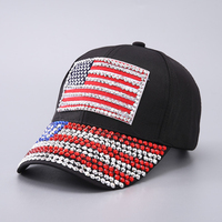 Casquettes de baseball en sergé de coton personnalisées en gros, structurées à 6 panneaux, avec décoration en strass drapeau américain, Gorras Bandera Strass Casquette Strass Coton