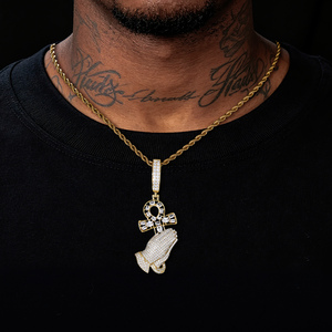 Bijoux spirituels en argent sterling 925 non ternissant, avec diamant Moissanite <span class=keywords><strong>de</strong></span> laboratoire, entièrement serti, pendentif main <span class=keywords><strong>de</strong></span> prière et croix Ankh pour hommes et femmes - Product Image 5