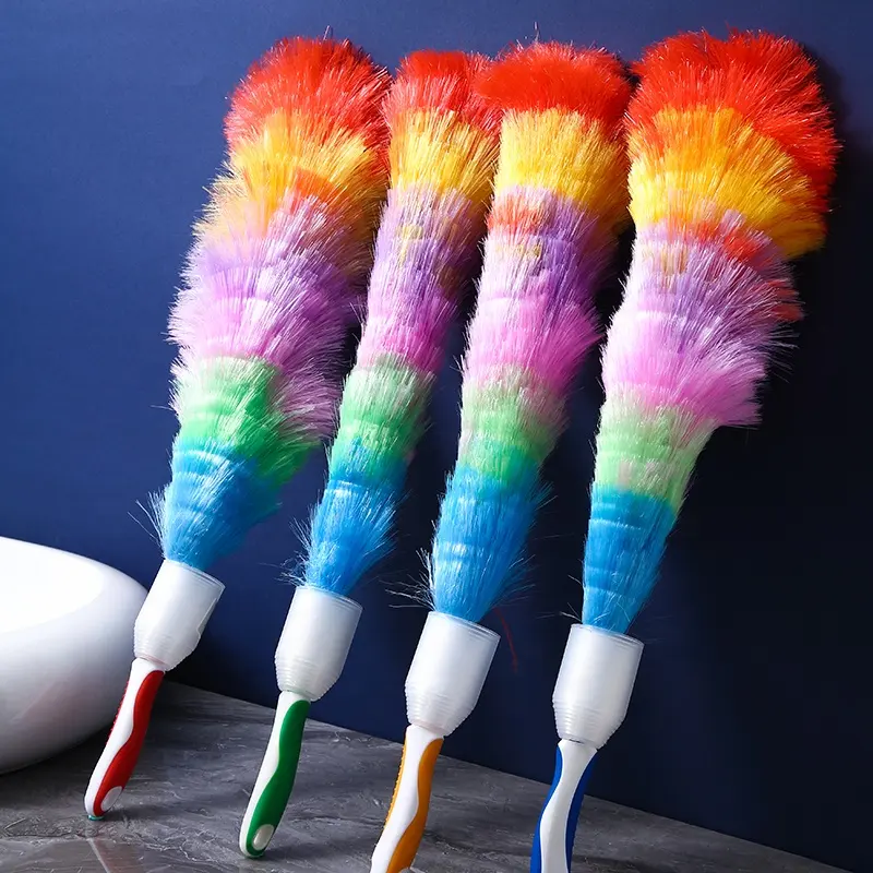 Rainbow-Colored Microfiber Feather Duster Flexible With Plastic Rubber Handle For Household Cleaning