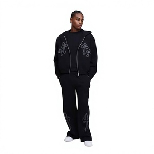 Men's <b>Black</b> Rhinestone Cross Embellished Full-<b>Zip</b> <b>Hoodie</b> and Matching Pants Tracksuit OEM ODM Wholesale Apparel - Product Image 1