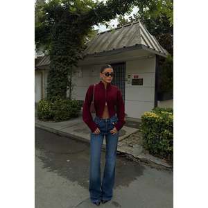 <b>Burgundy</b> Balboa Double Zip Knit <b>Cardigan</b> Casual Style Hooded Wool Jacquard Striped Print for Spring Autumn Winter - Product Image 2