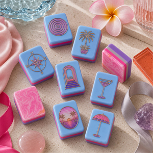 Juego de Mahjong Americano de Acrílico Azul y Rosa de Lujo, con Fichas de Mahjong Grabadas con Palmeras al Atardecer, en Caja - Product Image 5