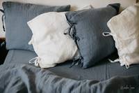 Parure de lit 100% lin style shabby chic, taille King/Queen, housse de couette et 2 taies d'oreiller avec attaches, bleu poussière/gris/rose bois/blanc