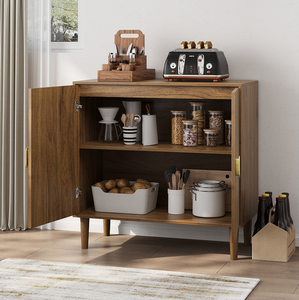 Modern Farmhouse Walnut Wood <b>Sideboard</b> Buffet Cabinet with Line Groove Design <b>Storage</b> for Living Room Dining - Product Image 3