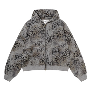 <b>Leopard</b> <b>Print</b> Zip Up Hoodie Oversized Crop Top Batwing Sleeve French Terry Unisex Streetwear <b>Sweatshirt</b> with Pocket Autumn Style - Product Image 2