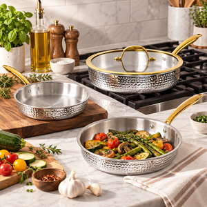 Ensemble de casseroles en acier inoxydable avec poignées dorées, finition martelée, anti-rouille, pour cuisinières à gaz et à induction - Product Image 5